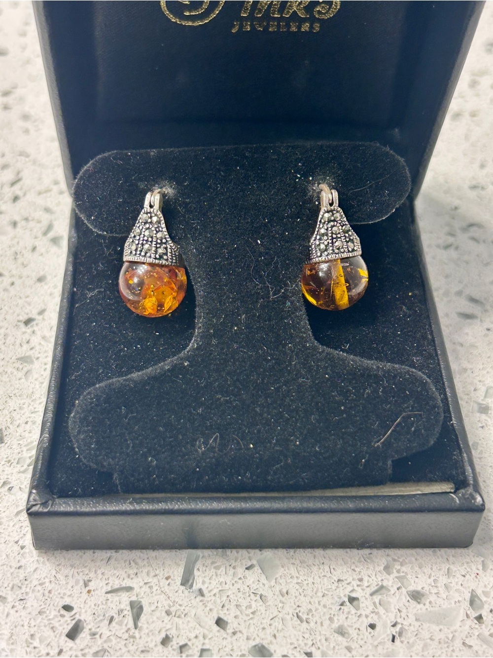 Judith Jack-inspired Amber Drop Earrings with Marcasite Silver Accents